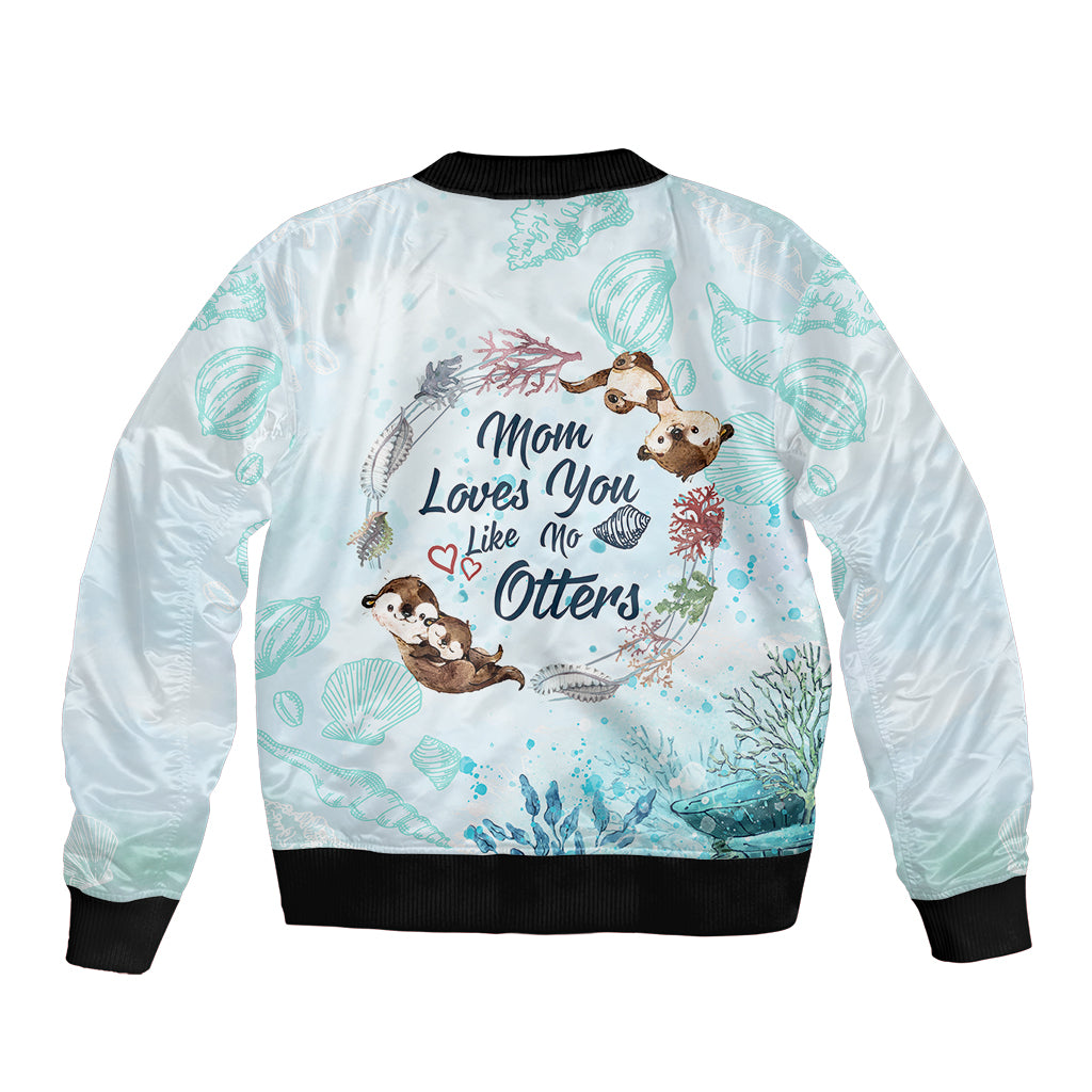 Light blue bomber jacket with black ribbed hem, full zip, back otter quote graphic