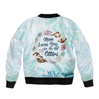 Light blue bomber jacket with black ribbed hem, full zip, back otter quote graphic
