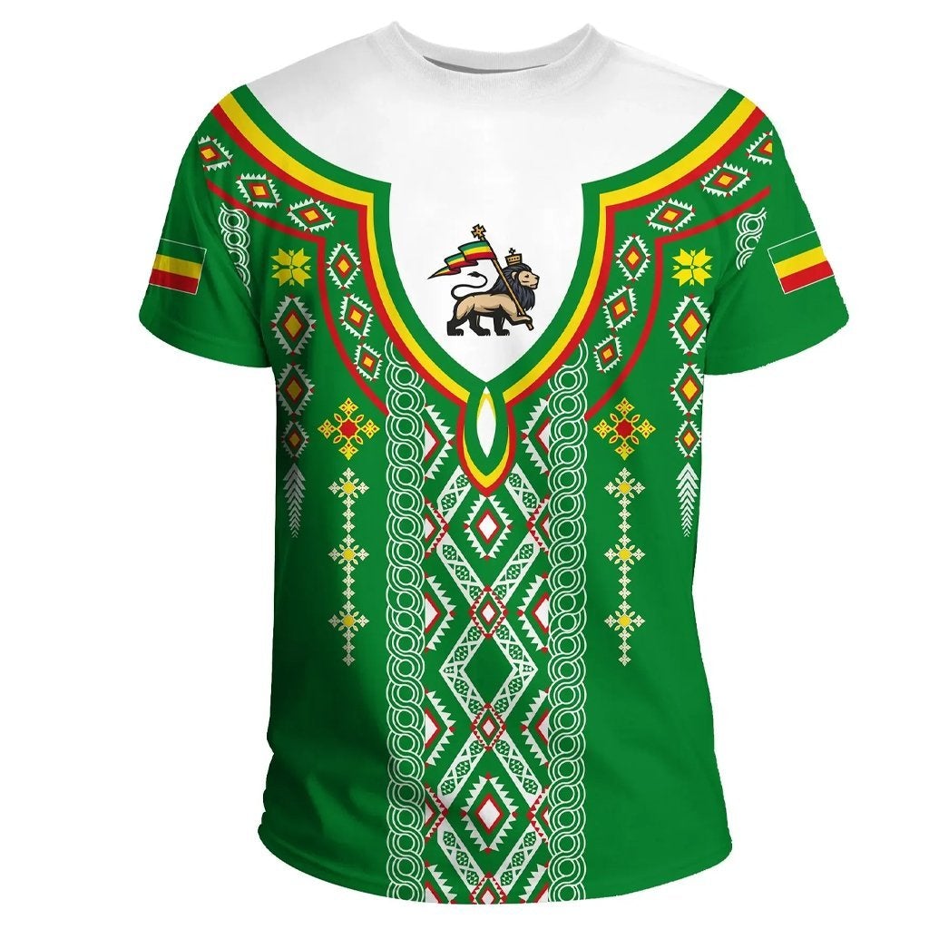 Green Ethiopia-inspired ethnic print T-shirt with white neckline and elephant emblem