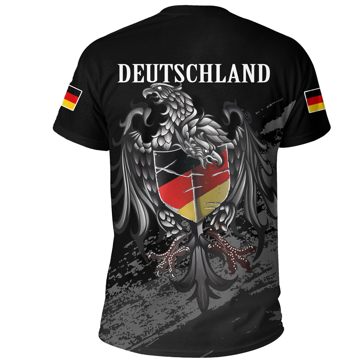 Black T-shirt back with DEUTSCHLAND lettering, eagle crest, and German flag sleeves