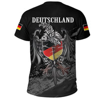 Black T-shirt back with DEUTSCHLAND lettering, eagle crest, and German flag sleeves