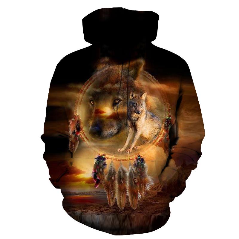 Dark pullover hoodie with multicolor wolf dreamcatcher all-over graphic