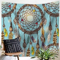 Dreamcatcher tapestry with circular web and multi-colored hanging feathers on light blue