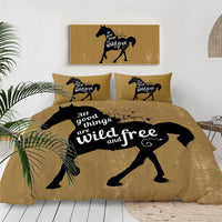 Dusty lightning horses bedding set: black horse silhouettes on tan, wild free slogan