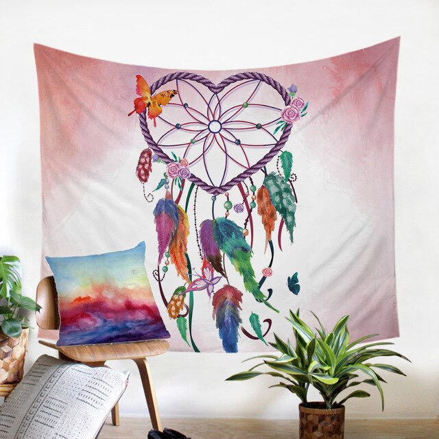 Pink and multicolor heart dreamcatcher tapestry with ribbon-like feathers and charms