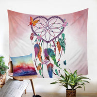 Pink and multicolor heart dreamcatcher tapestry with ribbon-like feathers and charms