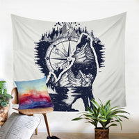 Wolf dream catcher tapestry with compass circle and pine trees, multicolor on light fabric