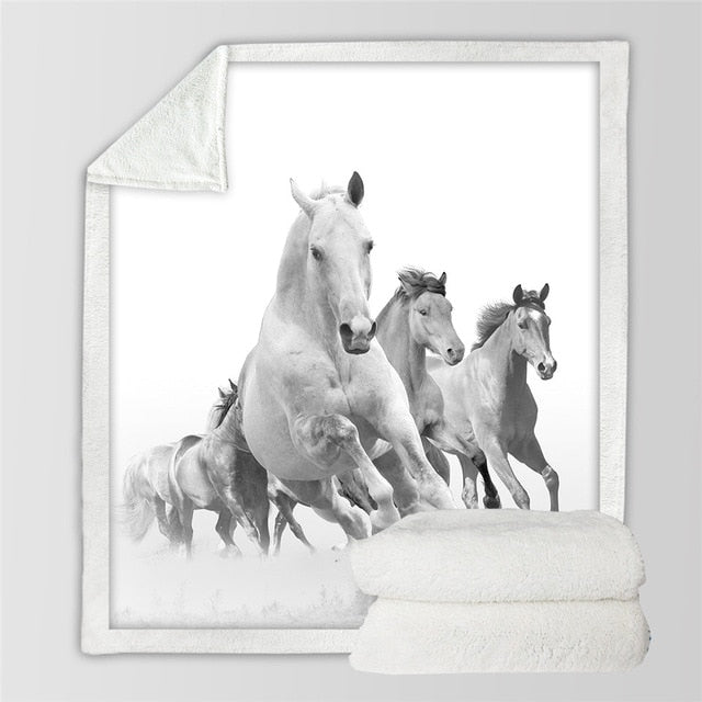 Horses printed throw blanket with monochrome white horses running in a group