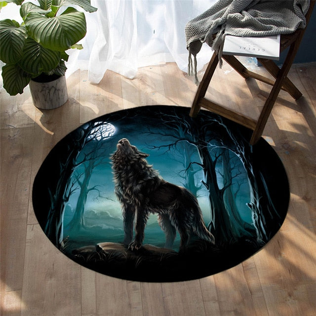 Dark round wolf rug with a standing wolf silhouette in a blue night forest scene