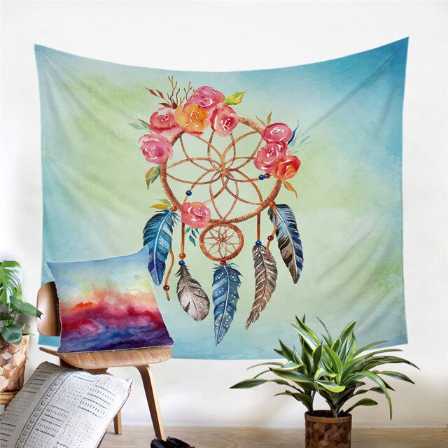 Blue-green watercolor dreamcatcher tapestry with pink rose blossoms and hanging feather charms