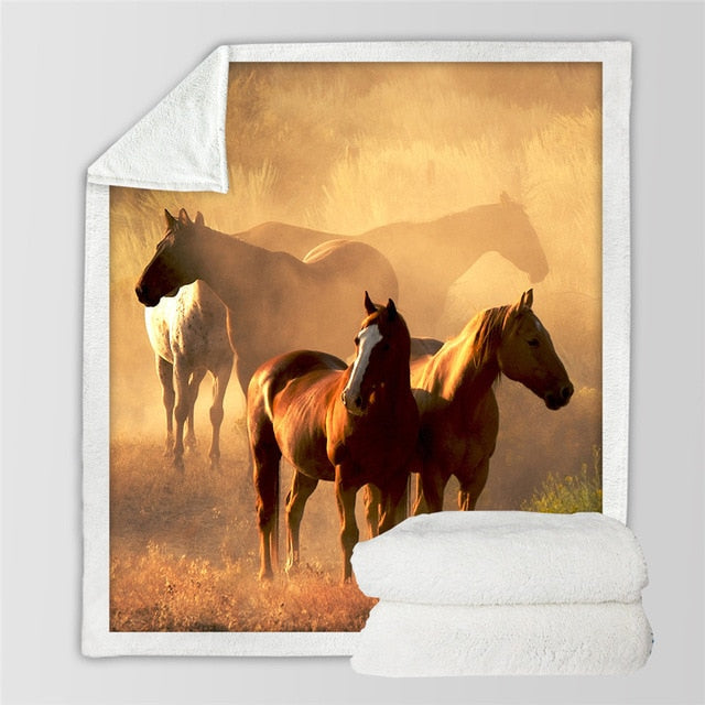 Group of horses at golden sunset throw blanket with warm amber background