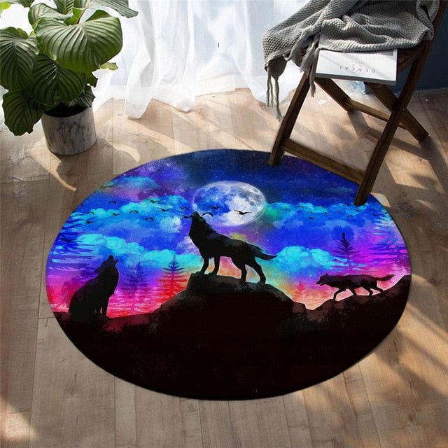 Round wolf silhouette rug with wolves under colorful nebula sky in blue, pink, purple