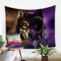 Dreamcatcher wolf tapestry, wolf head with purple accents and dangling feather charm