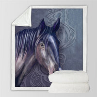 Dark blue horse head throw blanket with decorative swirl pattern backdrop