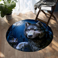 Round wolf portrait rug in dark blue with blue trees and two wolves in the scene