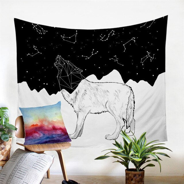 White wolf constellation tapestry, minimal line-art wolf with star map and mountain outline