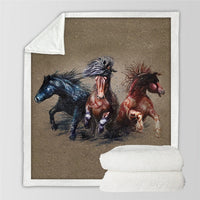 Three running horses print on brown throw blanket with distressed textured look