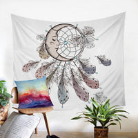 White dreamcatcher tapestry featuring a moon-face figure with circular web and feathers
