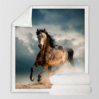 Running horse photo print throw blanket with brown-and-black horse on scenic sky