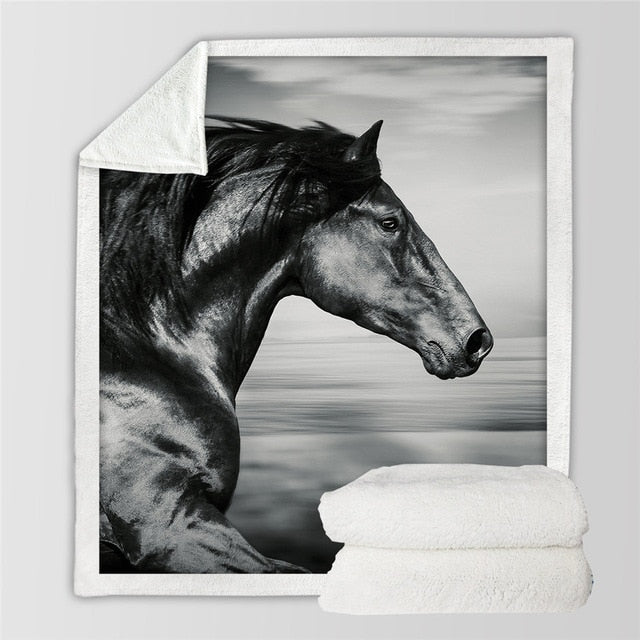 Black and white horse profile throw blanket with motion-blur background