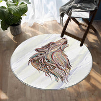 Round wolf feathered graphic rug with multicolor tribal-style pattern on white base