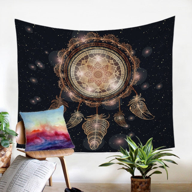 Night-sky dreamcatcher tapestry with glowing circular hoop, golden feathers, and sparkles