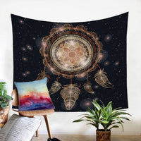 Night-sky dreamcatcher tapestry with glowing circular hoop, golden feathers, and sparkles
