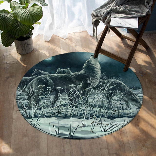 Round wolf rug showing a dark wolf lying on a teal field with grass linework