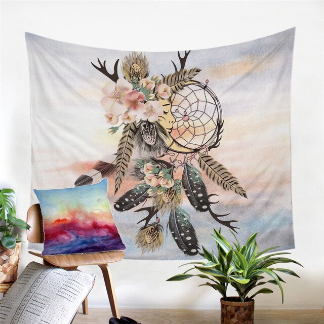 Multicolor watercolor dreamcatcher tapestry with circular net and hanging feather designs