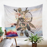 Multicolor watercolor dreamcatcher tapestry with circular net and hanging feather designs