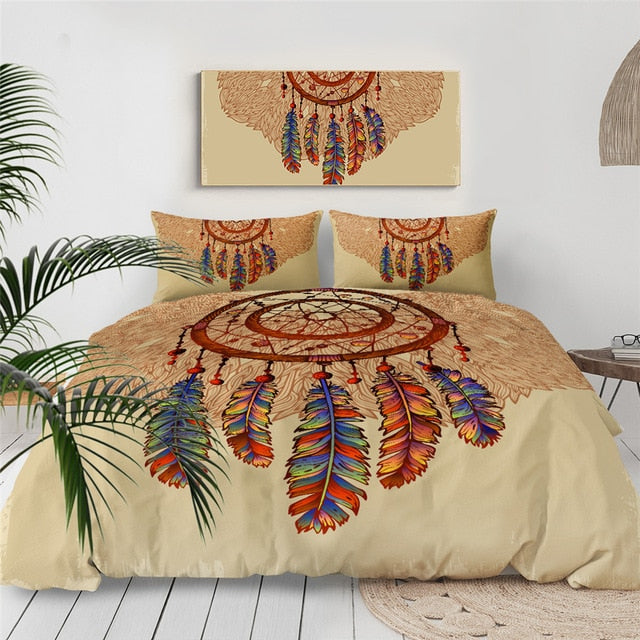 Cream dreamcatcher bedding set with multicolor feather print and matching pillowcases