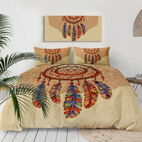 Cream dreamcatcher bedding set with multicolor feather print and matching pillowcases