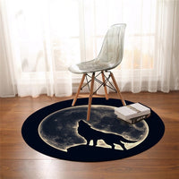 Round wolf carpet with dark print and howling wolf graphic centered on a circular design