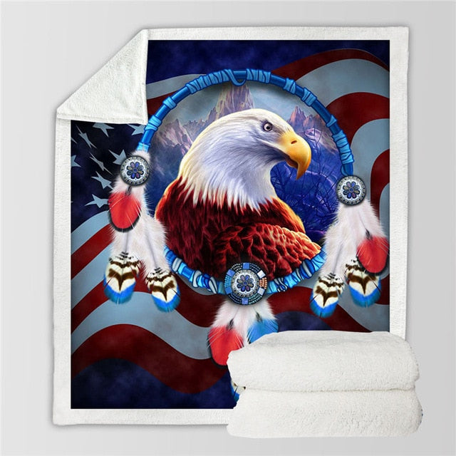 White throw blanket with watercolor bald eagle on stars-and-stripes