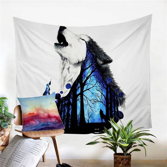 Howling wolf tapestry with blue trees and starry accents, multicolor night landscape print
