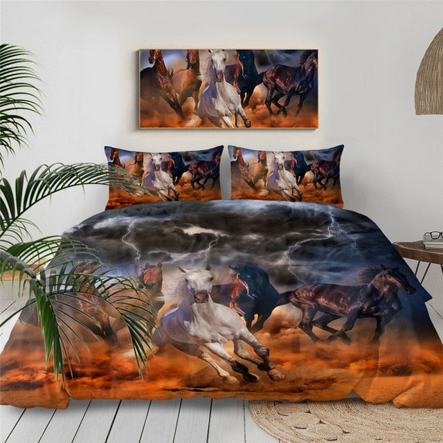 Horses bedding set with large 3D-style horse silhouettes in dusty orange and dark blue