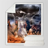 Horses printed throw blanket with dark storm clouds and lightning, multicolor horse scene
