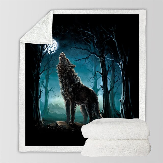 Sherpa blanket with dark wolf standing in forest scene; white plush sherpa backing.