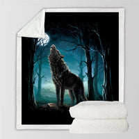 Sherpa blanket with dark wolf standing in forest scene; white plush sherpa backing.