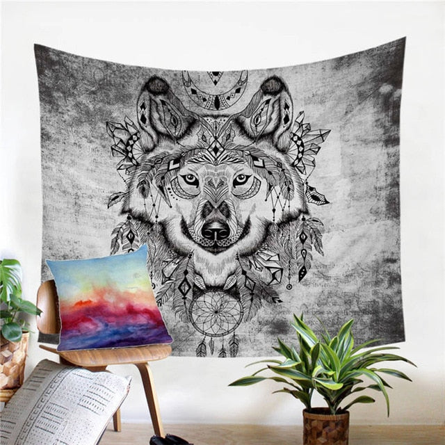 Tribal wolf dreamcatcher tapestry, grayscale wolf face with detailed feathers and web