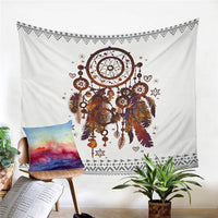 Dreamcatcher watercolor tapestry with brown circular center, multicolor feathers, patterned border