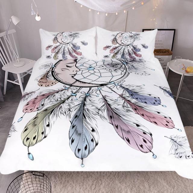 Feathers White Dreamcatcher Native American Bedding Set LT10 - Wonder Print Shop