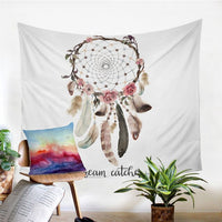 Dreamcatcher watercolor tapestry with pink roses and hanging feathers, white background
