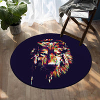 Round colorful wolf head rug on deep blue background with vibrant rainbow details