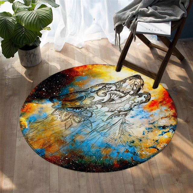 Round wolf illustration rug with galaxy-style clouds in blue, orange, and yellow