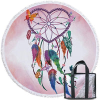 Pink dreamcatcher heart beach towel with multicolor feathers and white fringe trim