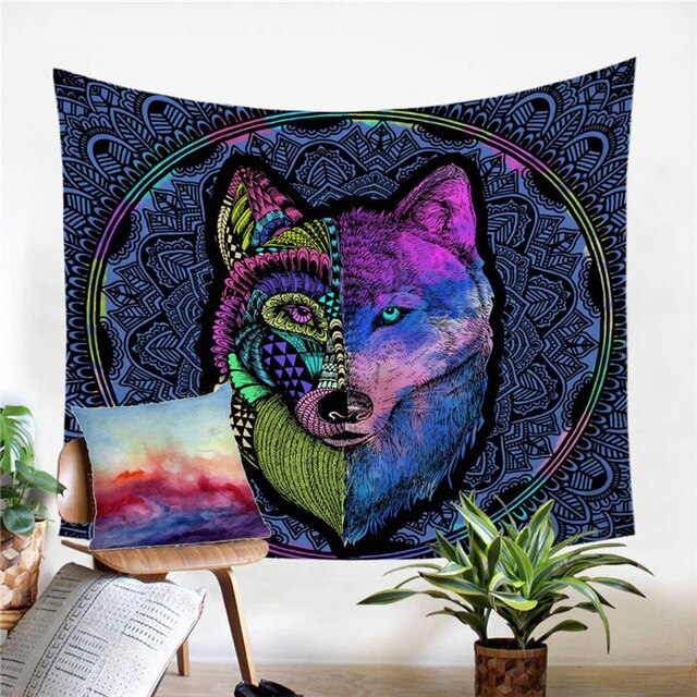 Colorful tribal wolf tapestry, neon wolf profile with patterned dreamcatcher-style accents