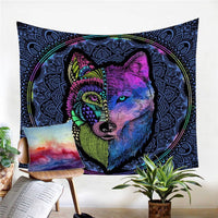 Colorful tribal wolf tapestry, neon wolf profile with patterned dreamcatcher-style accents