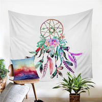 Watercolor floral dreamcatcher tapestry with teal and purple feathers, pink rose accents