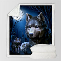 Sherpa blanket with gray wolf and pups in blue forest; white plush sherpa backing.